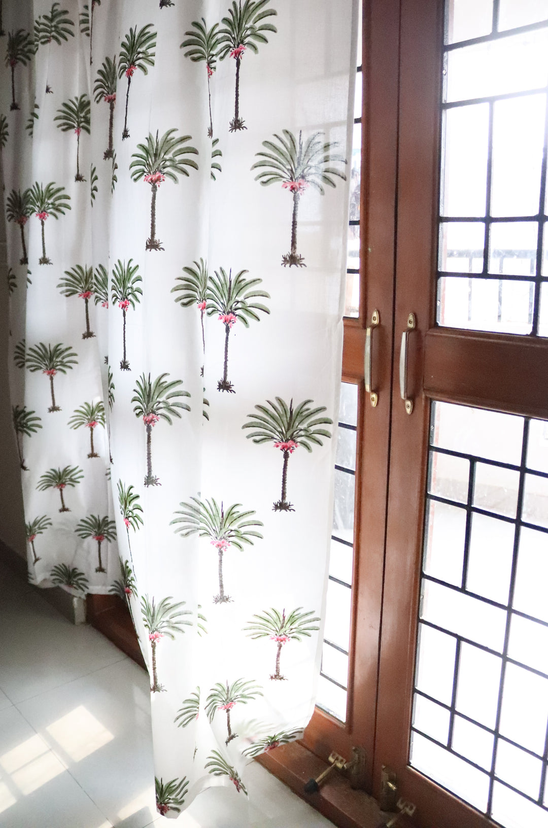Palm tree block print sheer curtain in mulmul cotton

