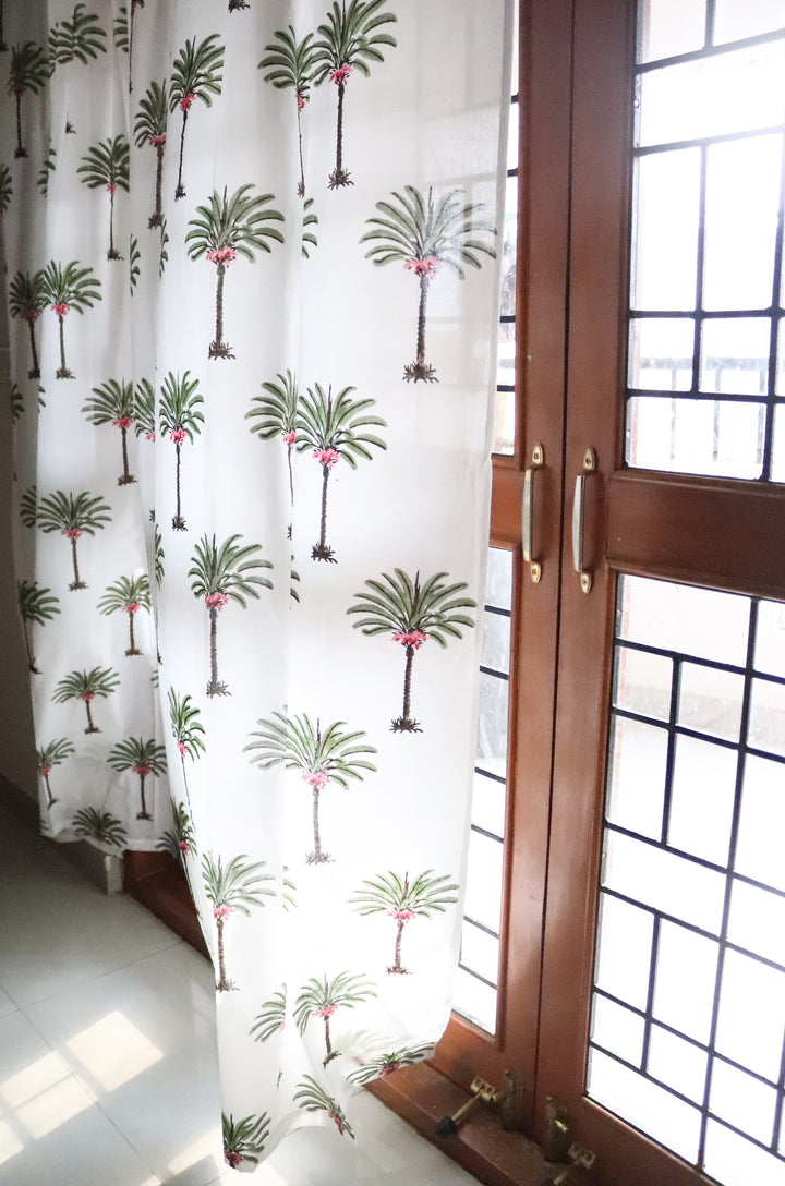 Palm tree block print sheer curtain in mulmul cotton
