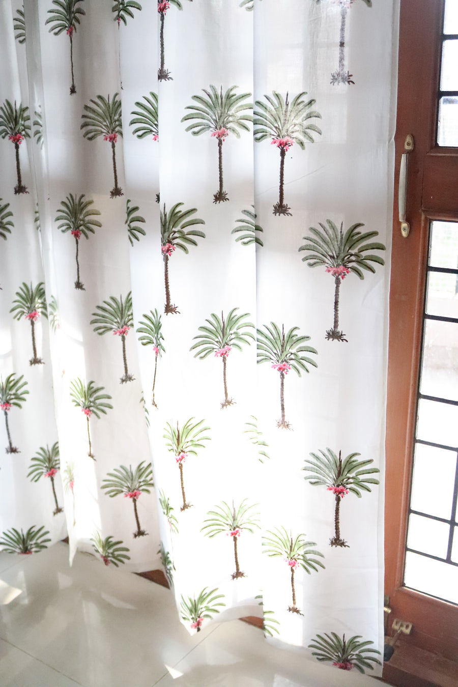 Palm tree block print sheer curtain in mulmul cotton
