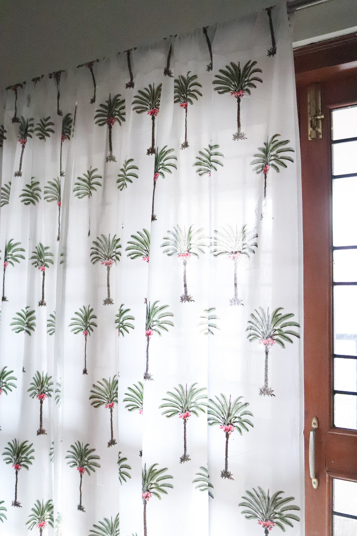 Palm tree block print sheer curtain in mulmul cotton
