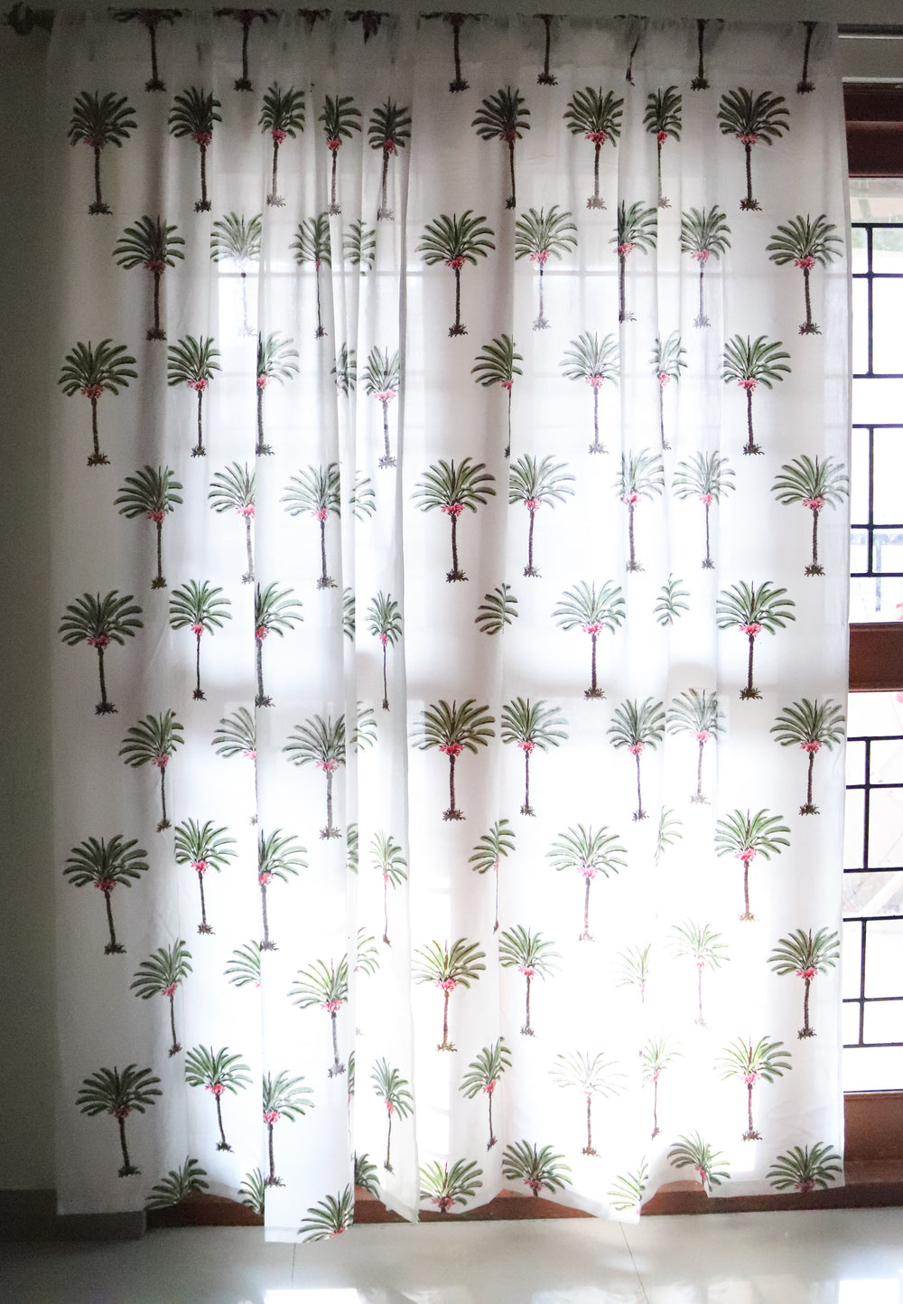 Palm tree block print sheer curtain in mulmul cotton
