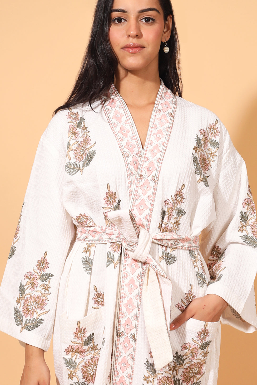 Peach blush block print waffle cotton bath robe for women, handmade by Kari by Kriti
