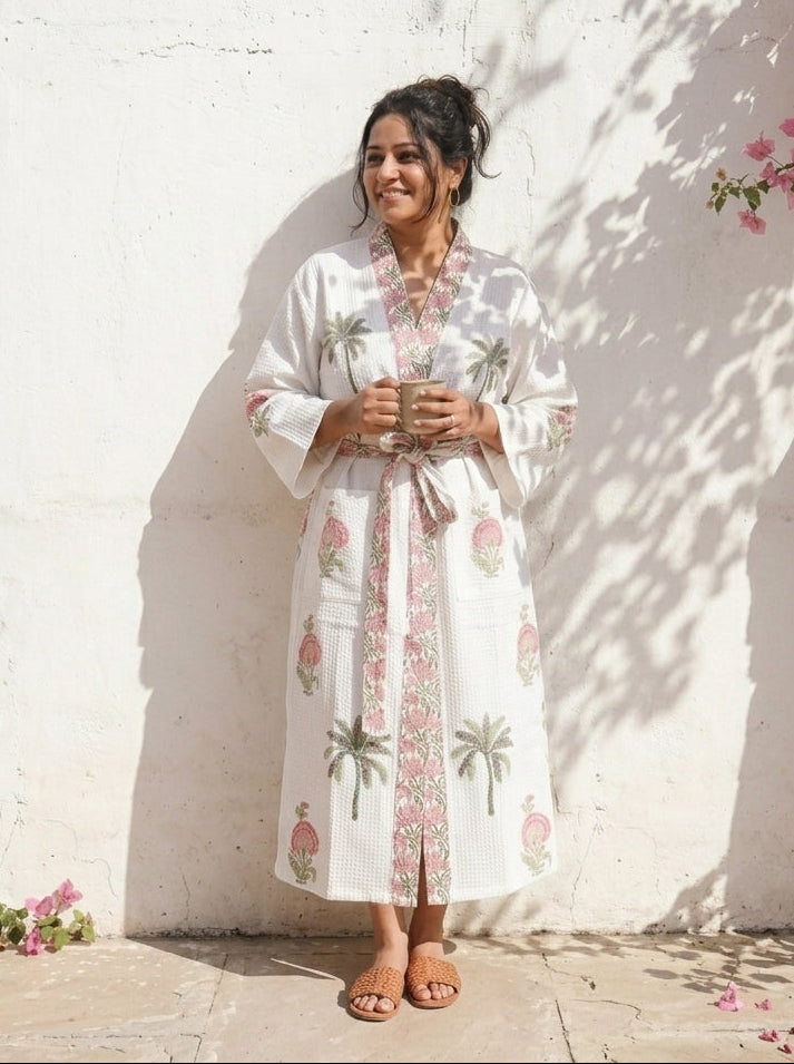 Personalized block print waffle cotton bath robe for women in blue and blush, with embroidered name detail