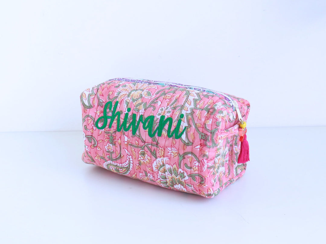 Personalized large block print makeup bag with embroidered name

