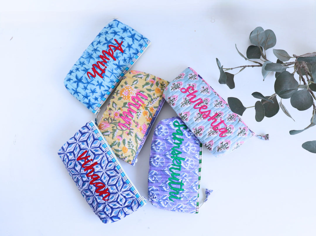 Personalized block print quilted pencil pouch with embroidered name
