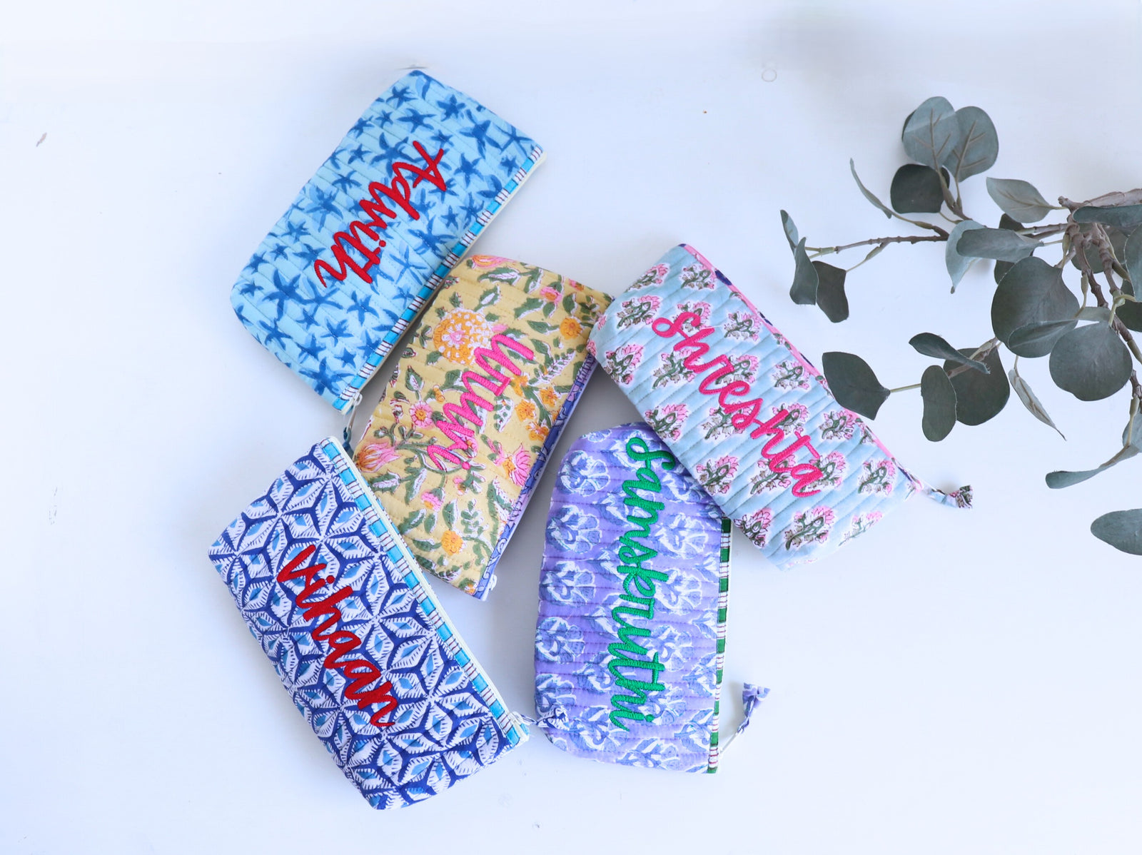 Personalized block print quilted pencil pouch with embroidered name
