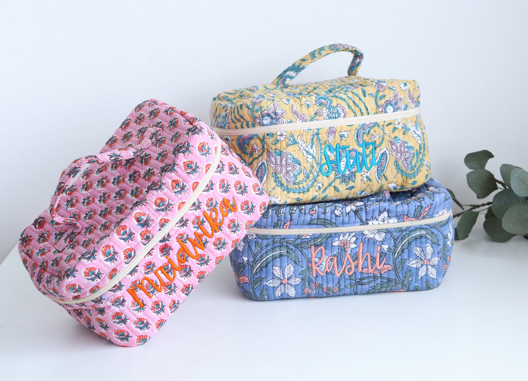 Personalized block print quilted vanity case with embroidered name in floral print
