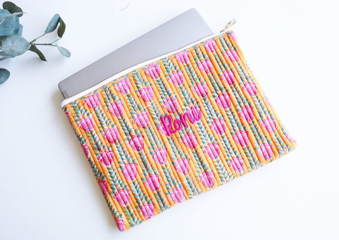 Personalized block print quilted laptop sleeve with embroidered name
