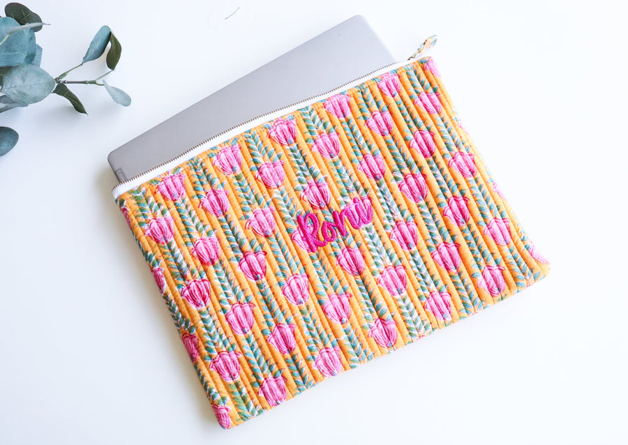 Personalized block print quilted laptop sleeve with embroidered name
