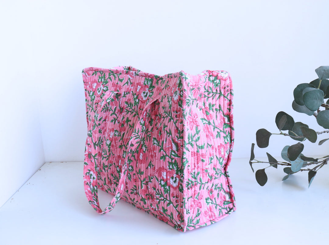 Pink floral XL quilted block print tote bag for women handmade cotton
