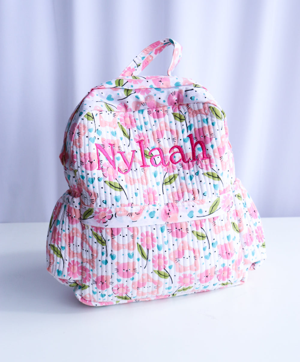Personalised pink and green cat print quilted kids backpack with name

