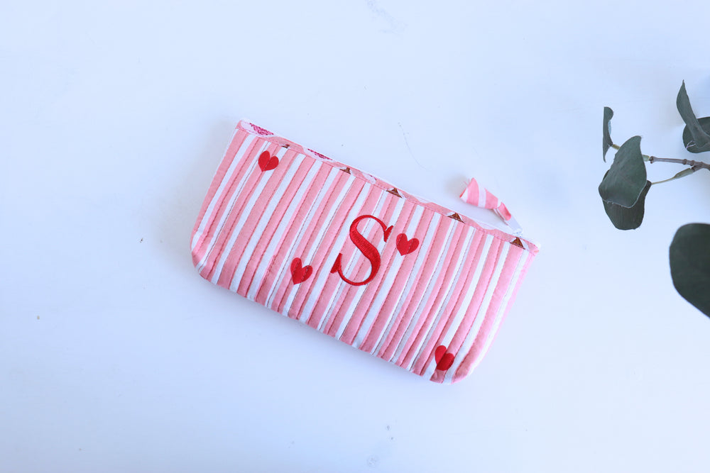 Block print quilted pencil pouch with embroidered initials
