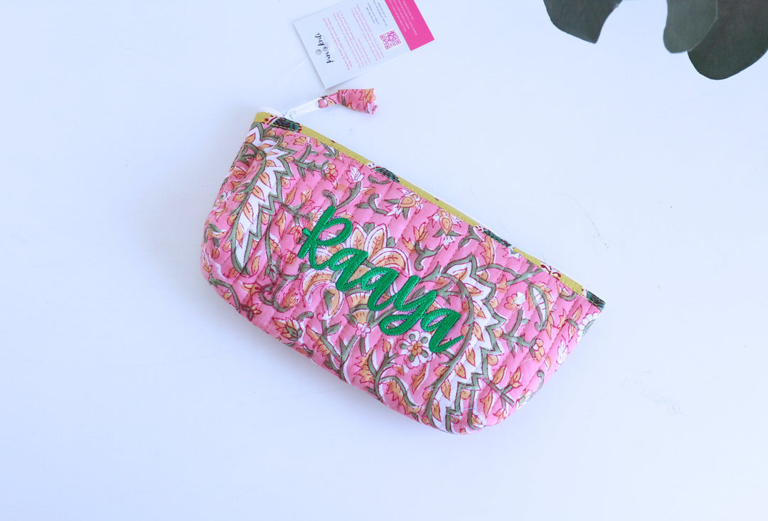 Personalized block print quilted pencil pouch with embroidered name
