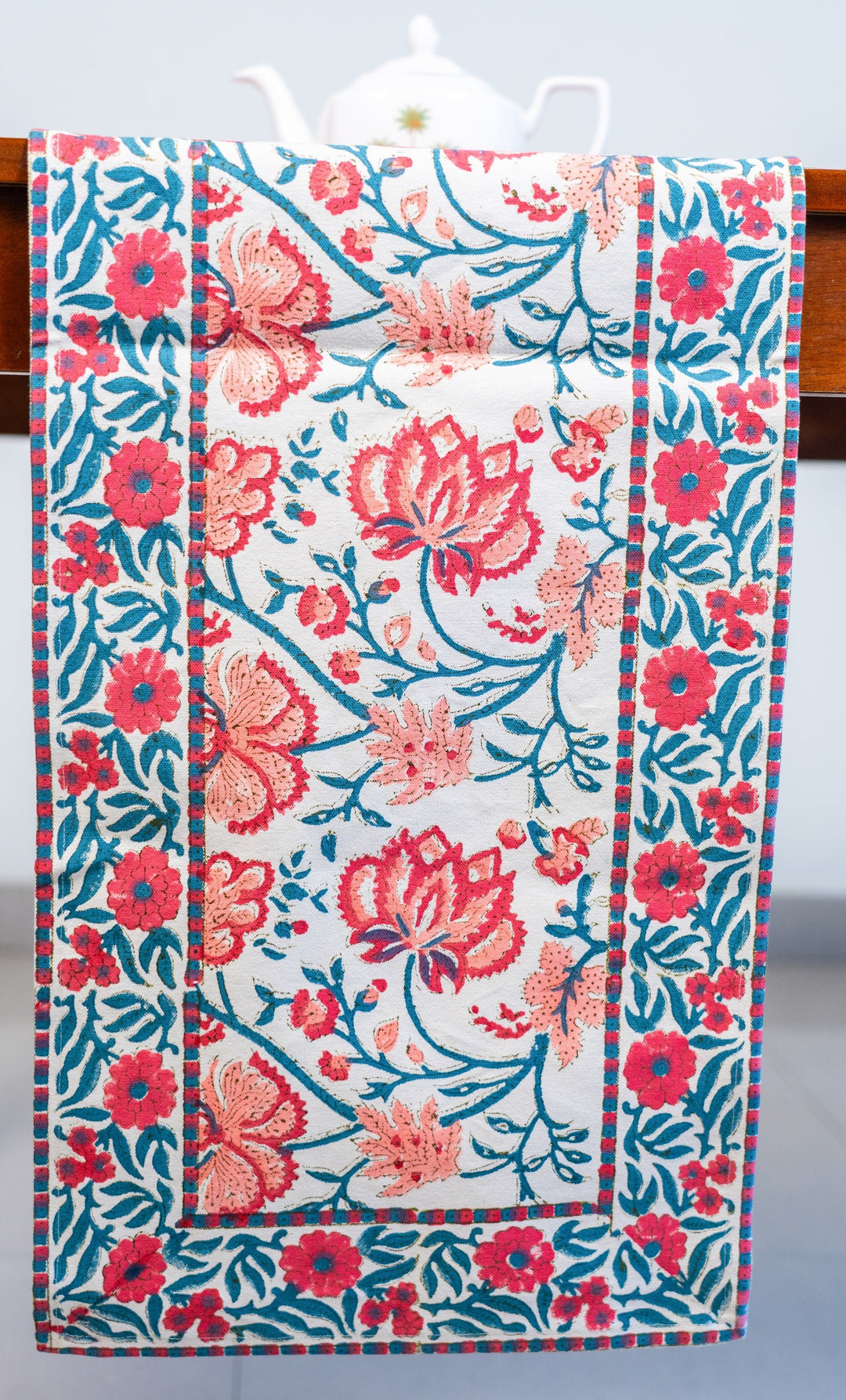 Blushing Bloom pink and turquoise floral block print cotton table runner 14x72 inches

