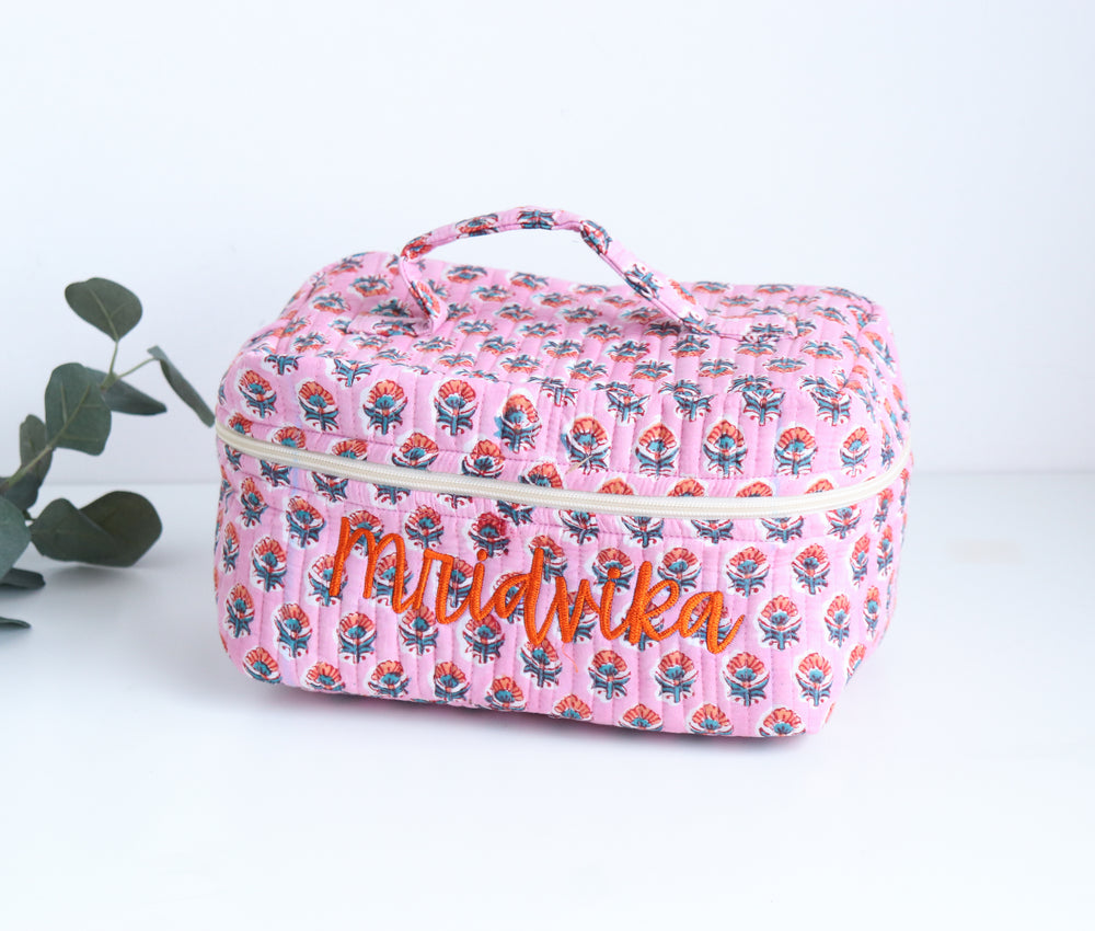 Personalized block print quilted vanity case with embroidered name in floral print

