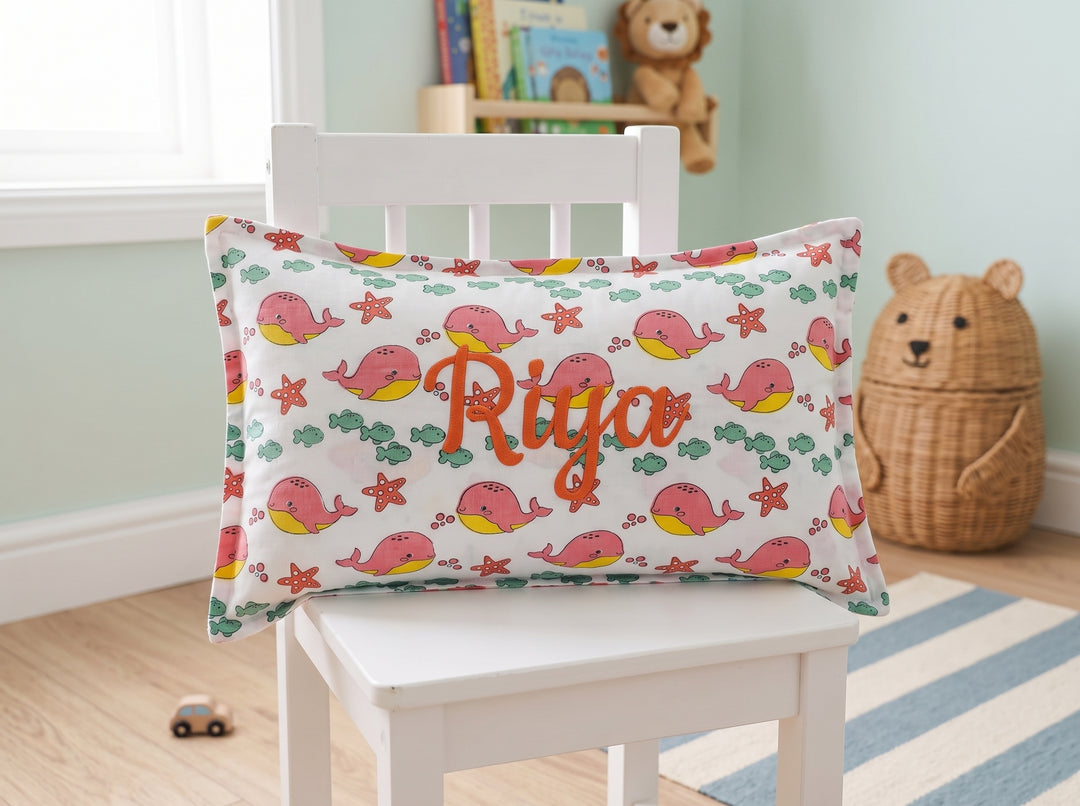 Personalized Kids Name Pillow Cover - Pink Whales in the Sea- 12x20 Inches
