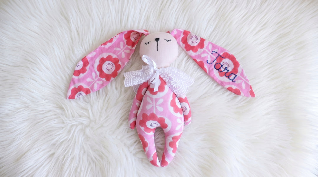Personalised bunny toy with name embroidered, pink and turquoise, Kari by Kriti