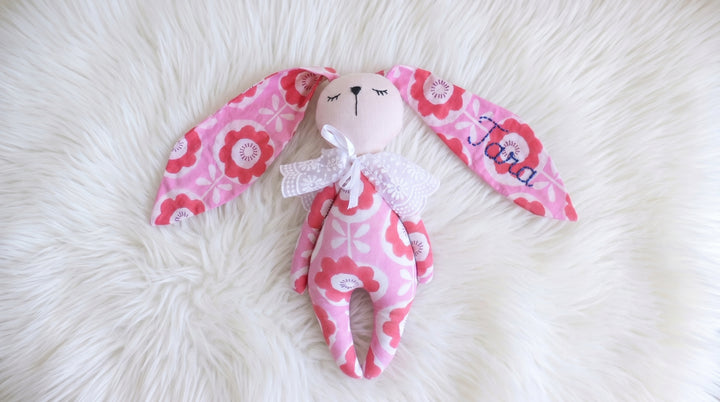 Personalised bunny toy with name embroidered, pink and turquoise, Kari by Kriti