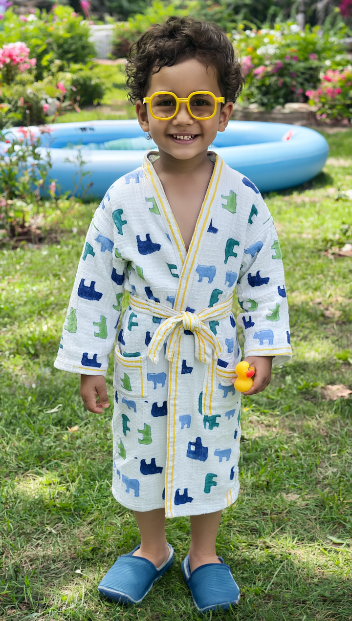 Personalized kids waffle robe with polar bear block print and embroidered name
