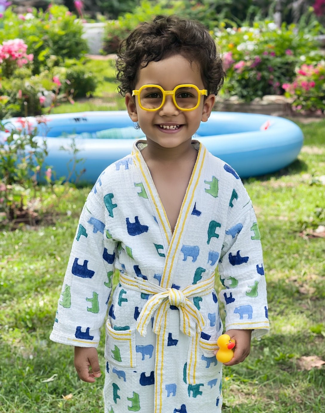 Personalized kids waffle robe with polar bear block print and embroidered name
