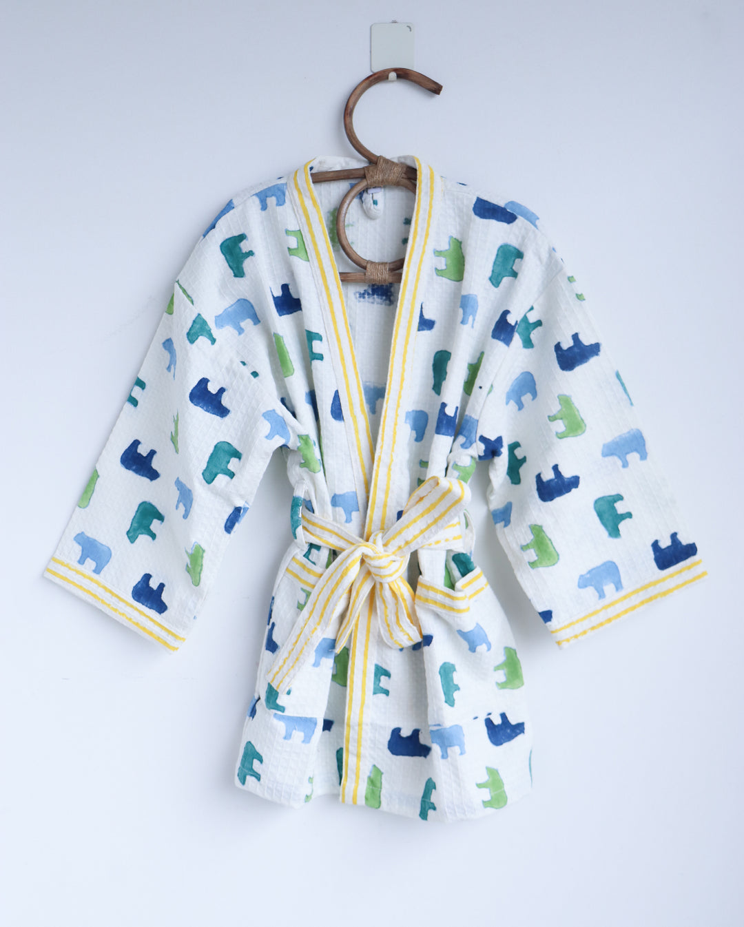 Personalized kids waffle robe with polar bear block print and embroidered name
