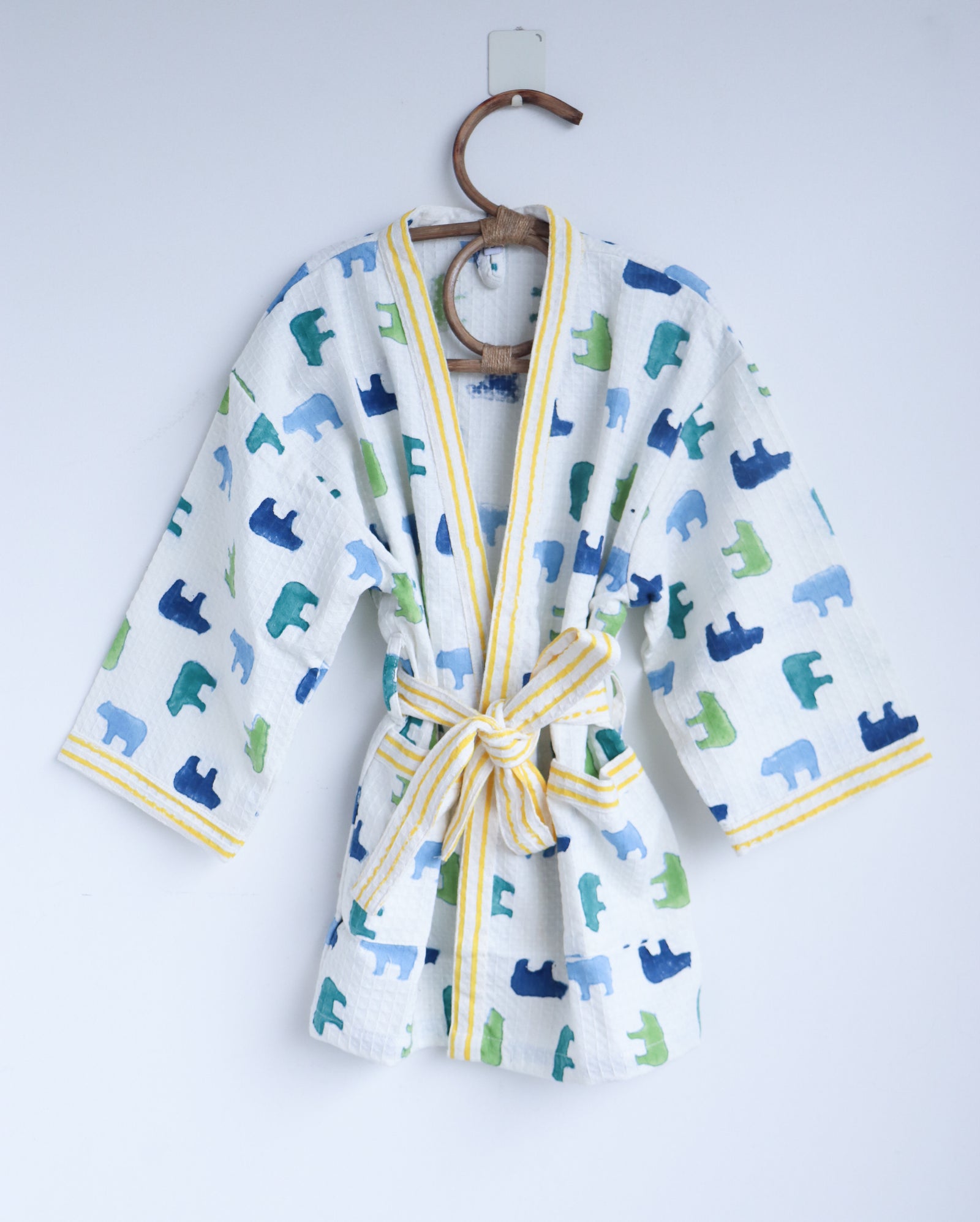 Personalized kids waffle robe with polar bear block print and embroidered name
