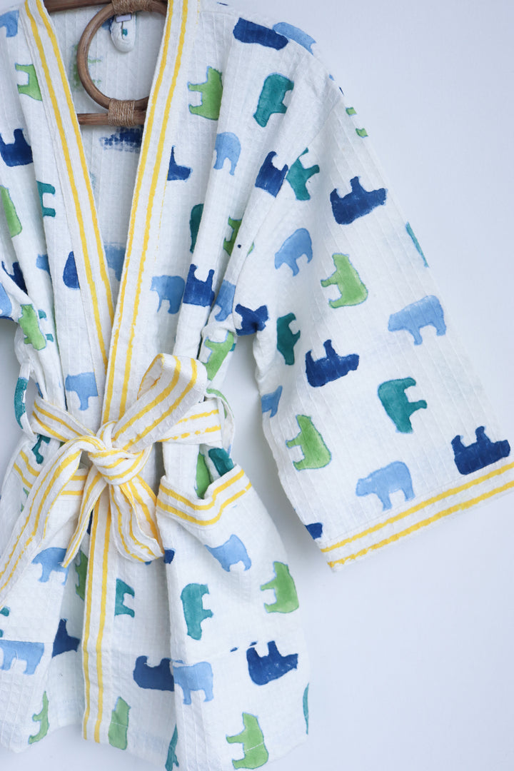 Personalized kids waffle robe with polar bear block print and embroidered name
