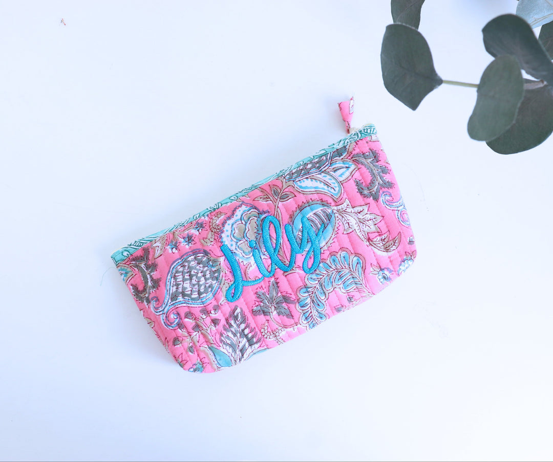 Personalized block print quilted pencil pouch with embroidered name
