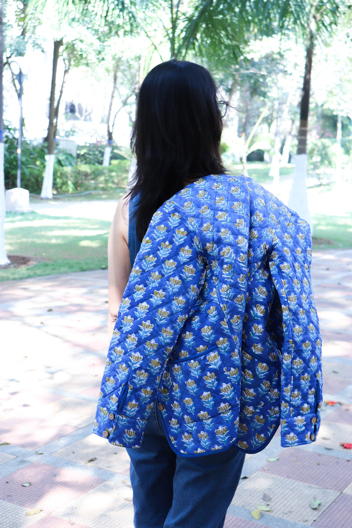 Blue ditsy block print quilted cotton jacket for women handmade India
