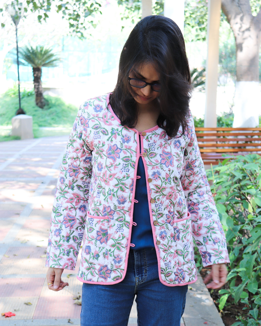 White floral block print quilted cotton jacket for women handmade India
