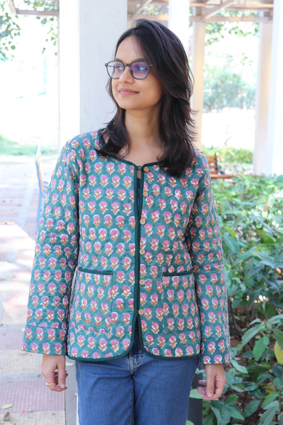 Green ditsy block print quilted cotton jacket for women handmade

