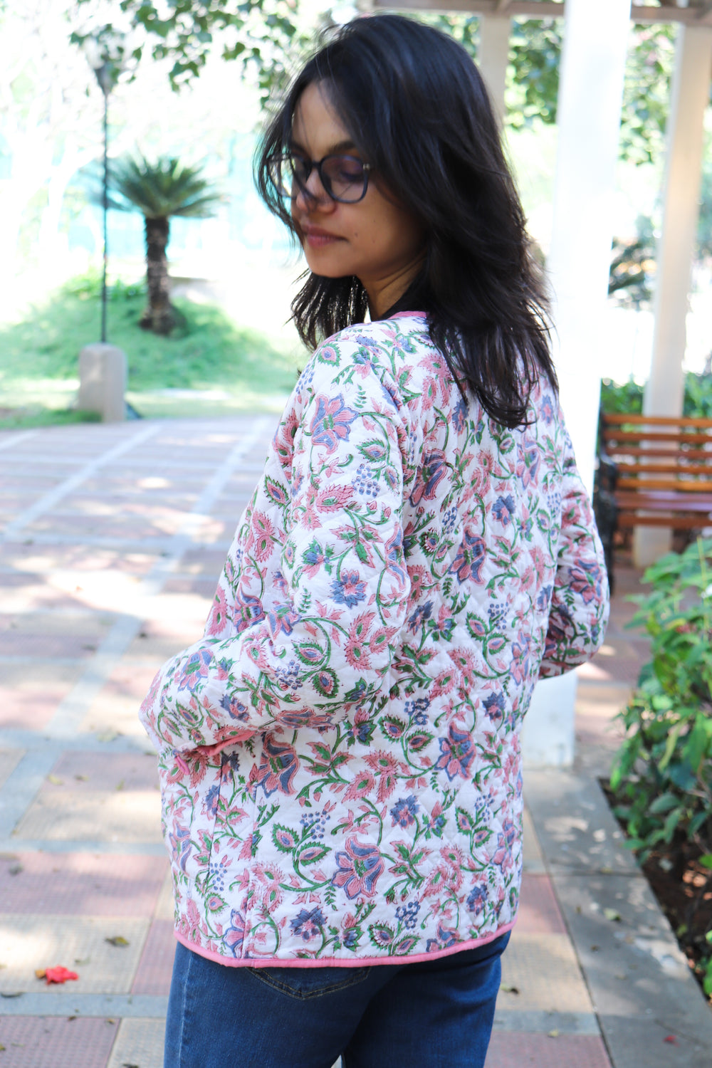 White floral block print quilted cotton jacket for women handmade India
