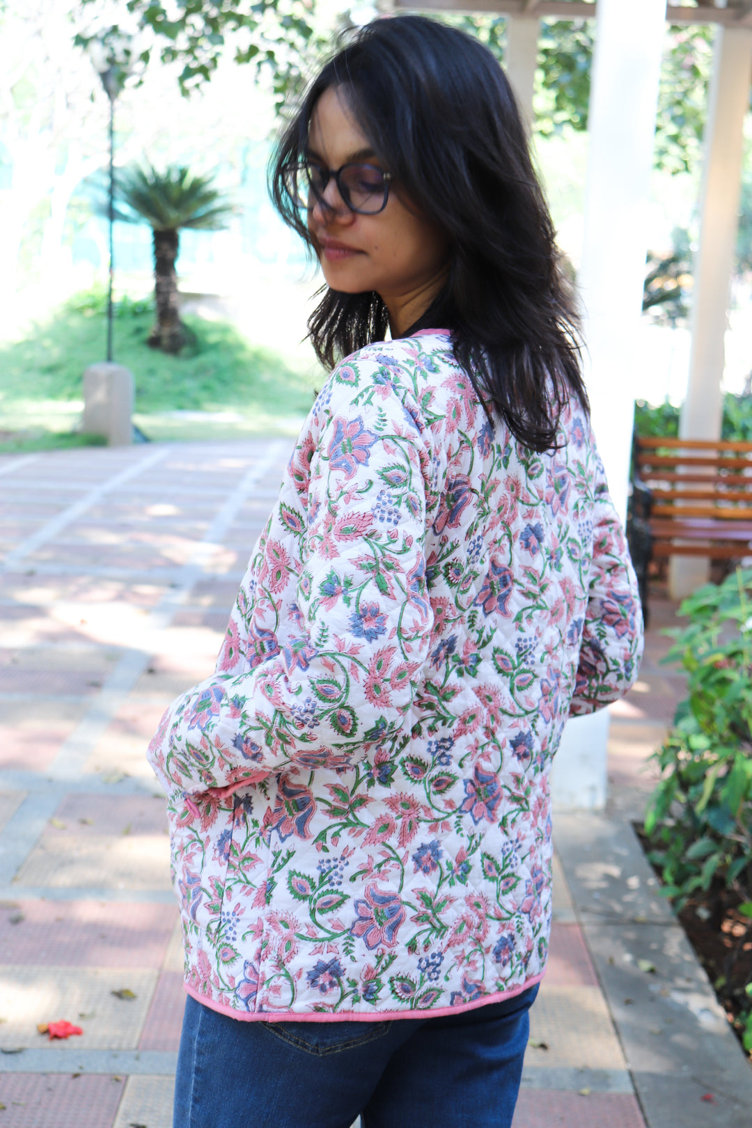 White floral block print quilted cotton jacket for women handmade India
