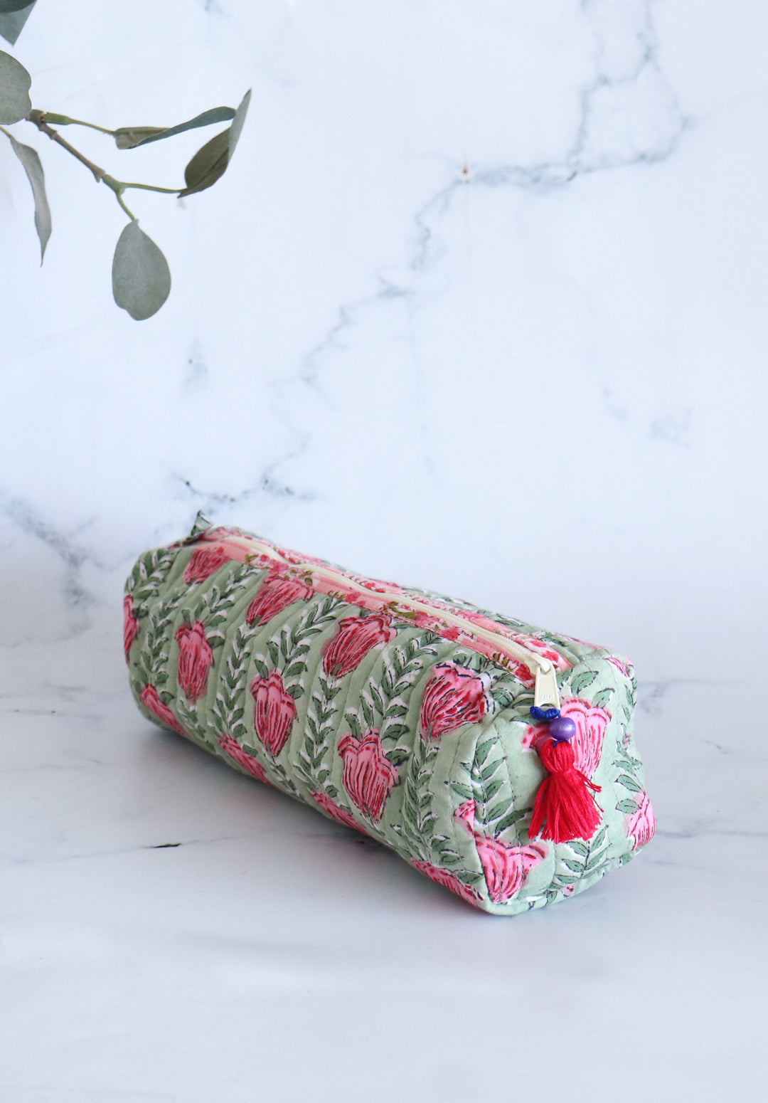 Block print quilted round pencil pouches bulk set handmade cotton
