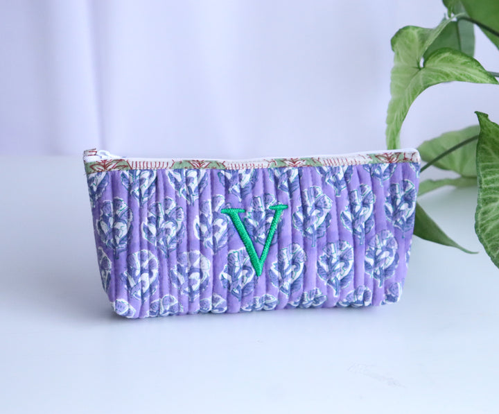 Personalized block print quilted pencil pouch with embroidered name

