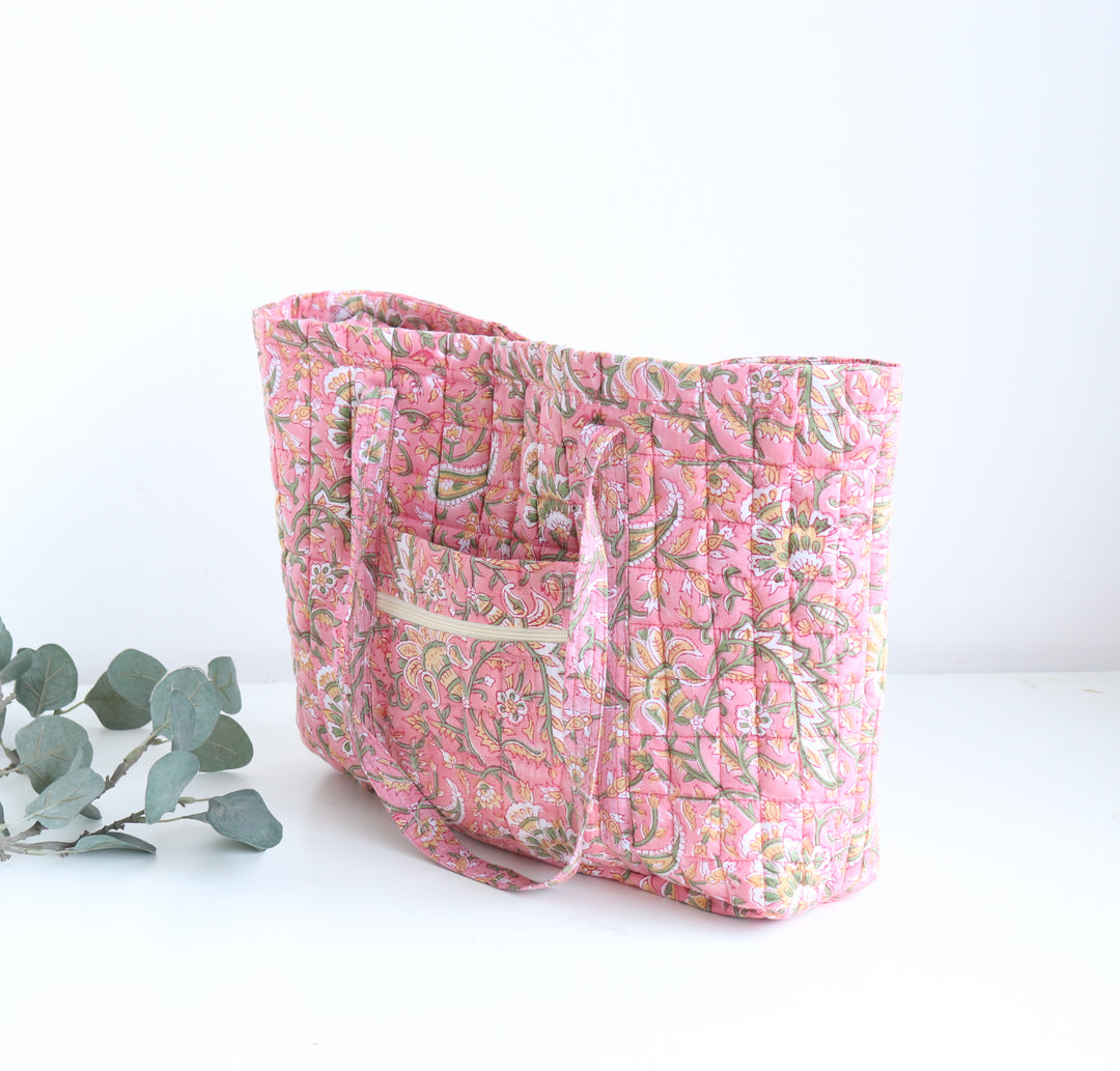 Personalised block print quilted tote bag and pouch gift set with name
