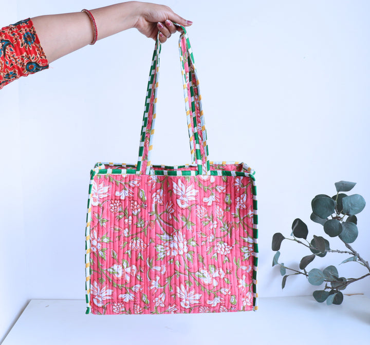 Pink floral block print quilted medium tote bag for women handmade
