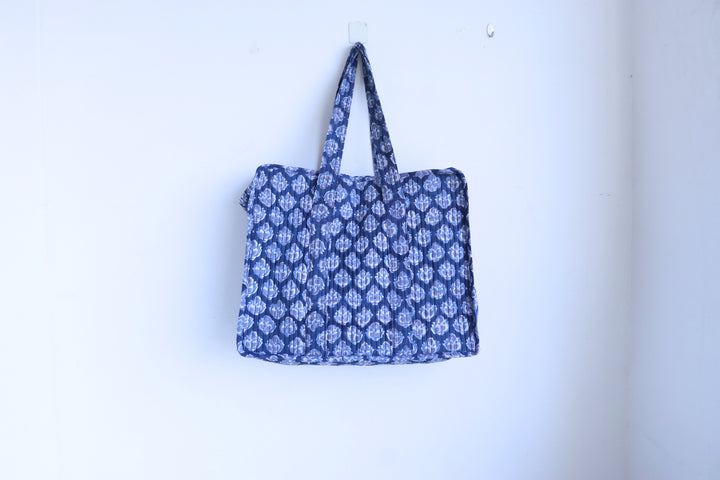 Dark blue ditsy print XL quilted block print tote bag handmade cotton
