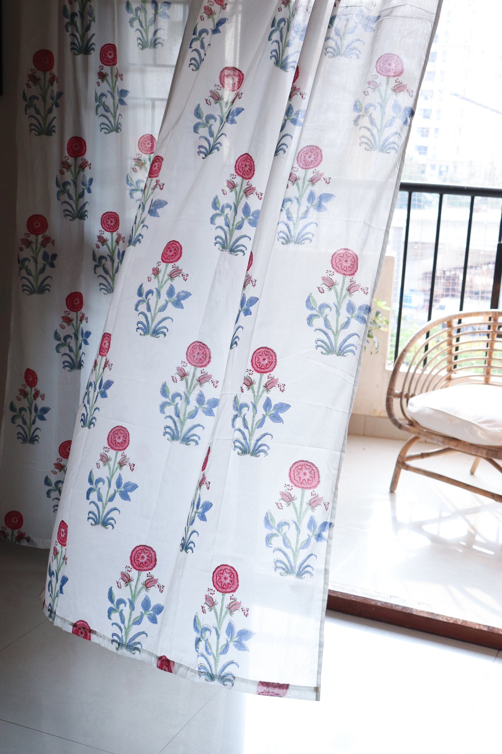 Red boota block print sheer curtain in mulmul cotton

