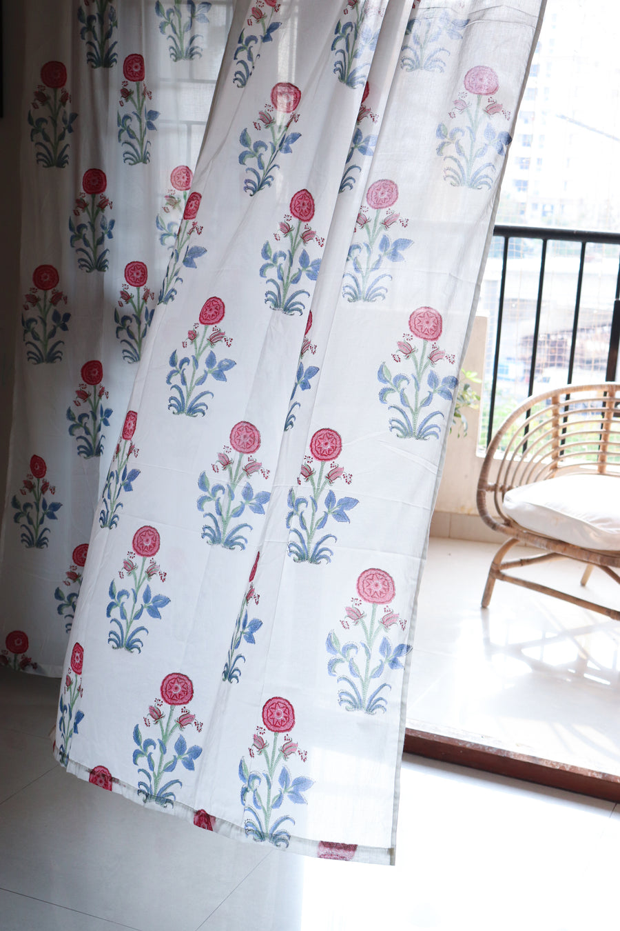 Red boota block print sheer curtain in mulmul cotton
