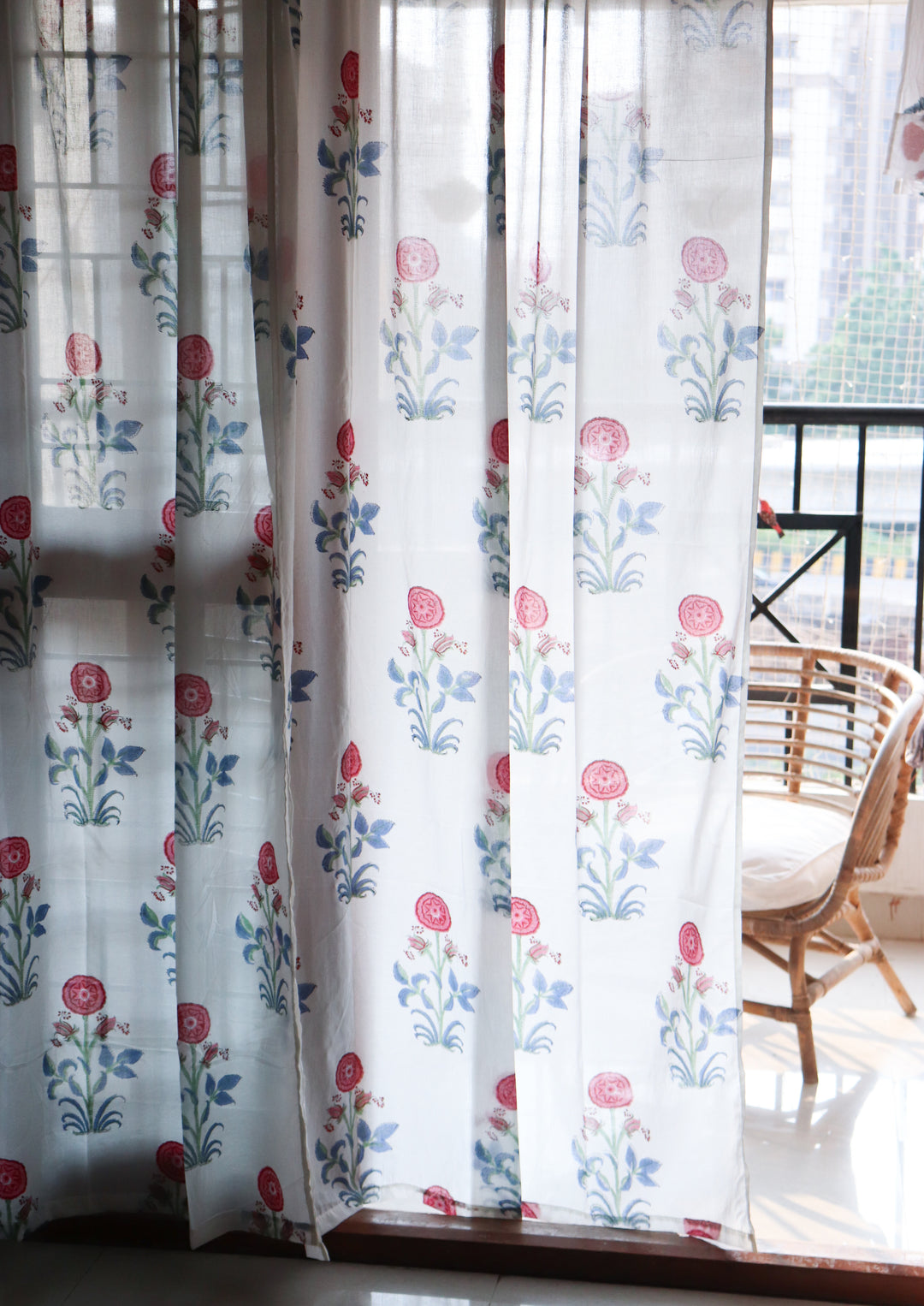 Red boota block print sheer curtain in mulmul cotton
