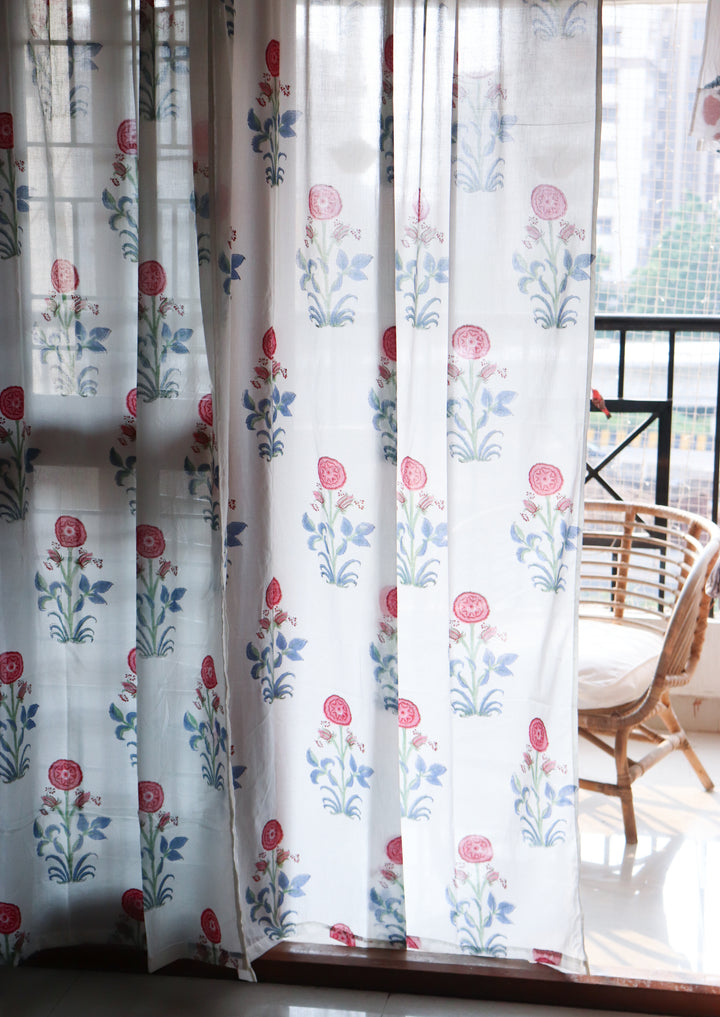 Red boota block print sheer curtain in mulmul cotton
