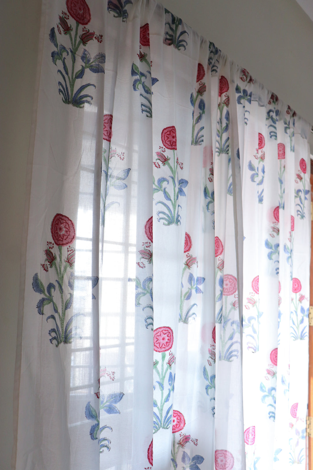 Red boota block print sheer curtain in mulmul cotton
