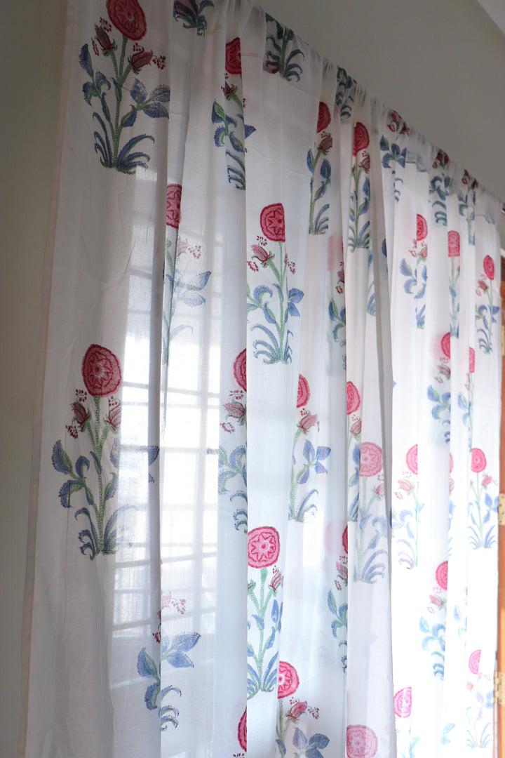 Red boota block print sheer curtain in mulmul cotton
