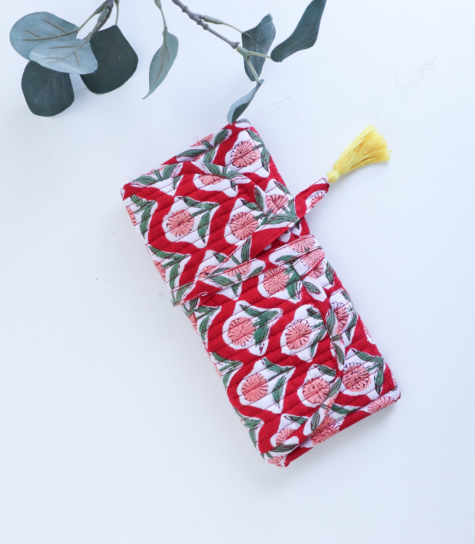 Personalized block print travel jewelry roll-up pouch with embroidered name
