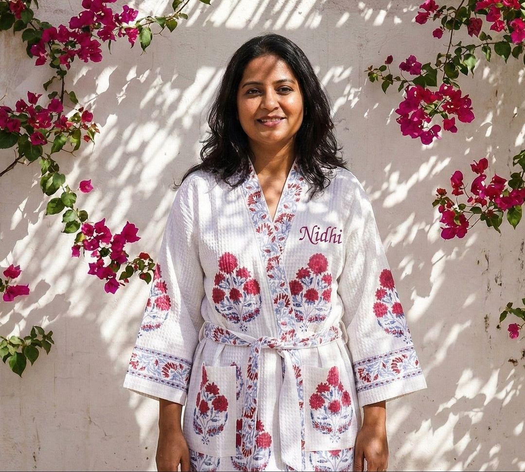Personalized Block Print Waffle Cotton Bath Robe for Women