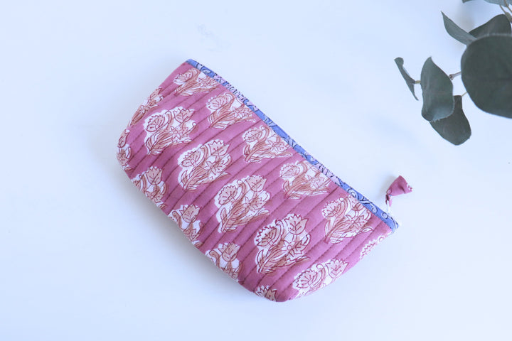 Personalized block print quilted pencil pouch with embroidered name
