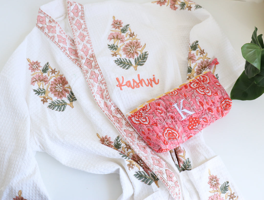 Personalised waffle robe and utility pouch gift set for women
