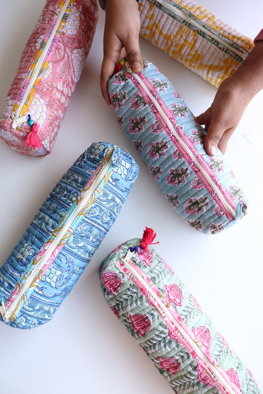 Block print quilted round pencil pouches bulk set handmade cotton
