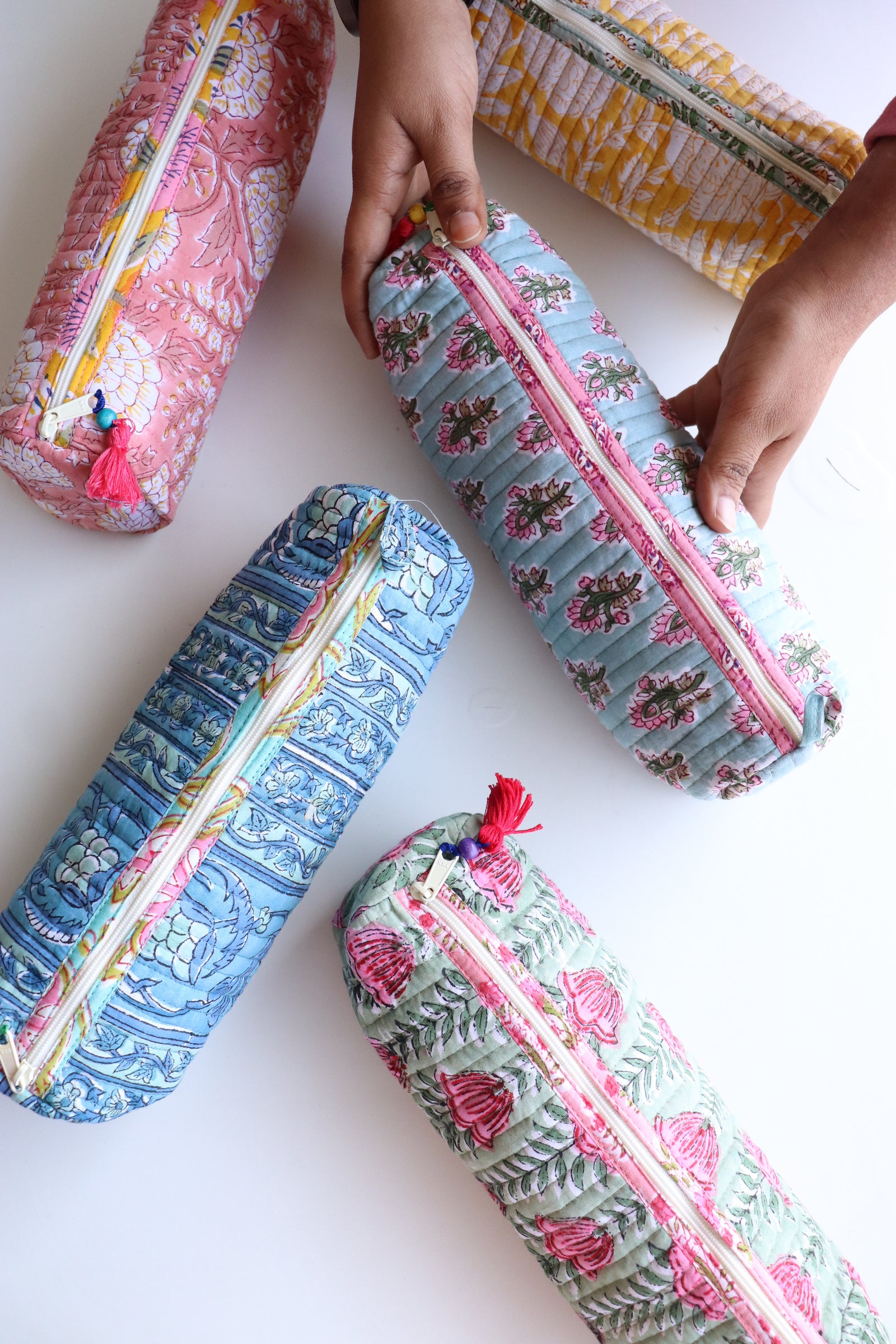 Block print quilted round pencil pouches bulk set handmade cotton
